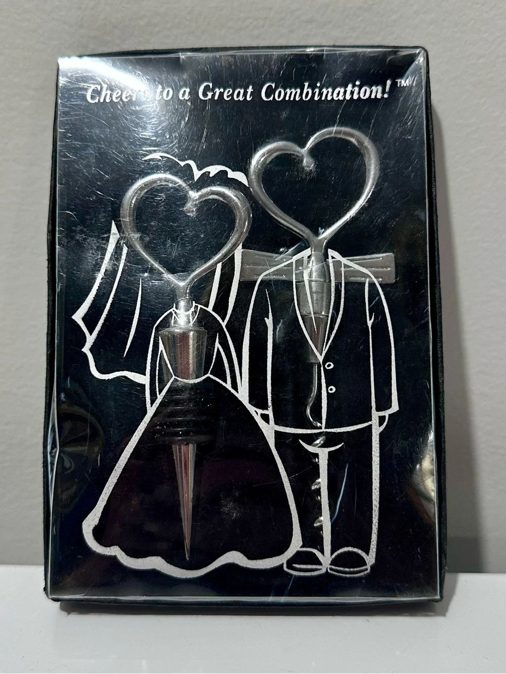 Heart-Top Wedding Bottle Stopper & Opener - Silver Tone (Set of 2)